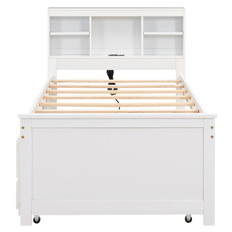 Twin Size Platform Bed with Storage Headboard, USB, Twin Size Trundle and 3 Drawers, White