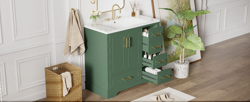 Traditional Bathroom Vanity With Resin Sink Combo Set, Bathroom Cabinet With Two Doors And Four Drawers