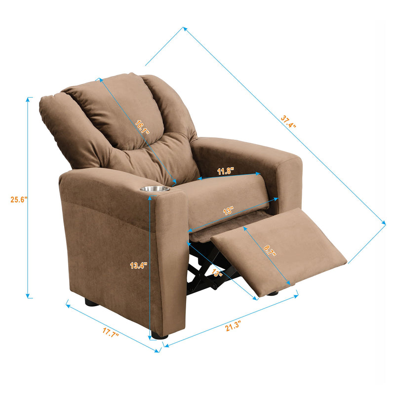 Kids Recliner Chair, Kids Upholstered Couch With One Cup Holder, Toddlers Recliner With Headrest And Footrest - Brown