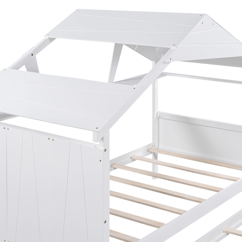 Wood Twin Size House Bed with Trundle and Storage, White