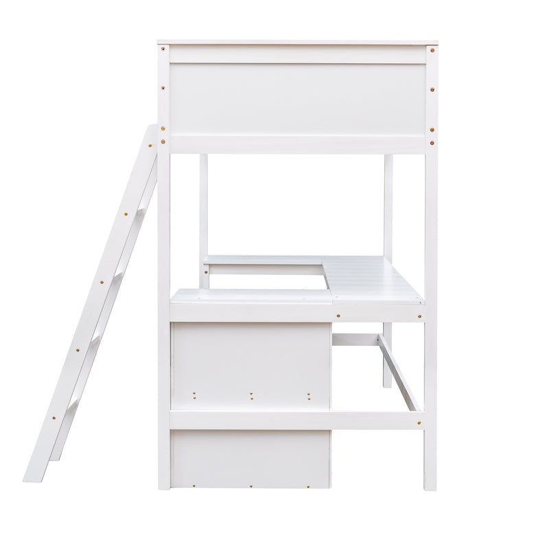 Twin size Loft Bed with Shelves and Desk, Wooden Loft Bed with Desk - White(OLD SKU:LT000537AAK)