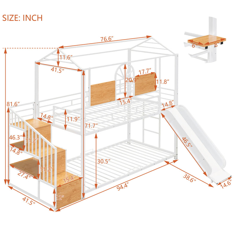 Metal Bunk Bed, Metal Housebed With Slide And Storage Stair