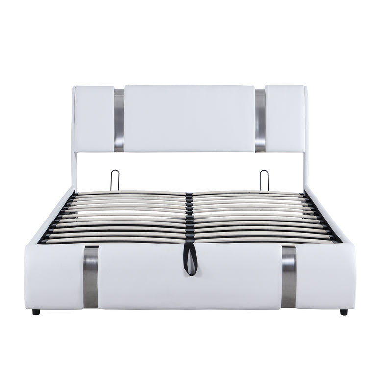 Queen Size Upholstered Faux Leather Platform bed with a Hydraulic Storage System, White