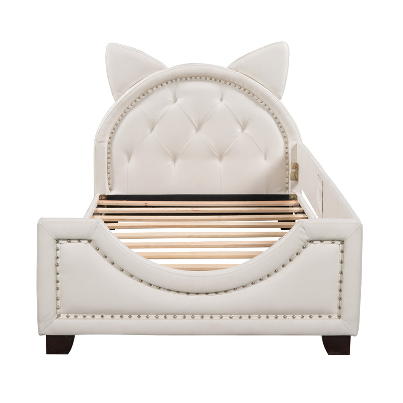 Twin Size Upholstered Daybed with Carton Ears Shaped Headboard, White