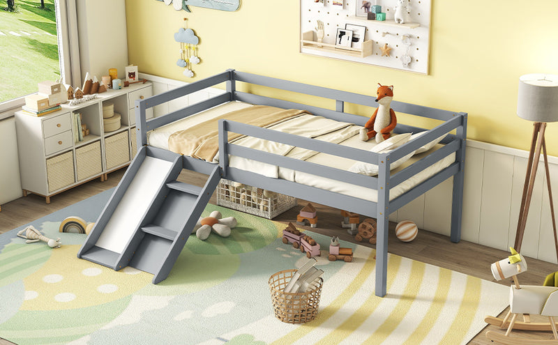 Twin Low Loft Bed with Slide,  Ladder, Safety Guardrails, No Box Spring Needed,Grey