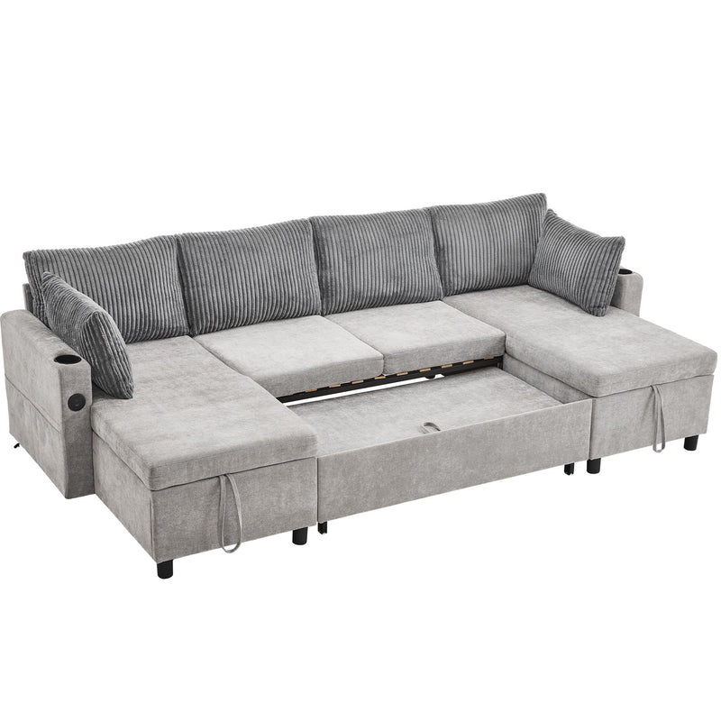 Sectional Sofa Pull Out Sofa Bed Versatile Sofa Sleeper With Large Storage Space, Two USB Ports And Two Cup Holders For Living Room