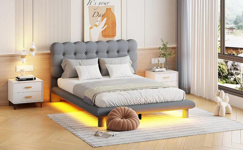 Queen Size Velvet Platform Bed with LED Frame, Thick & Soft Fabric and Button-tufted Design Headboard, Gray