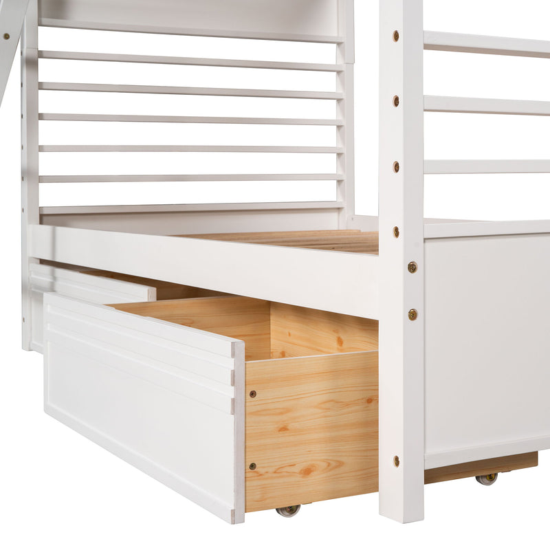 Twin Over Twin Wood Bunk Bed With Two Drawers - White