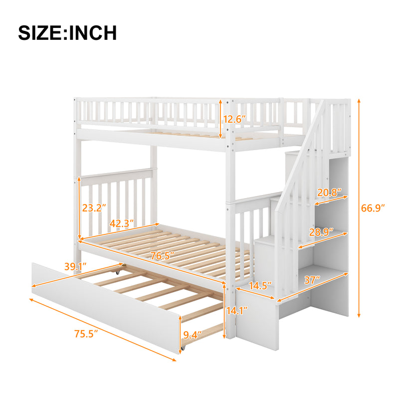 Twin over Twin Bunk Bed with Trundle and Storage, White