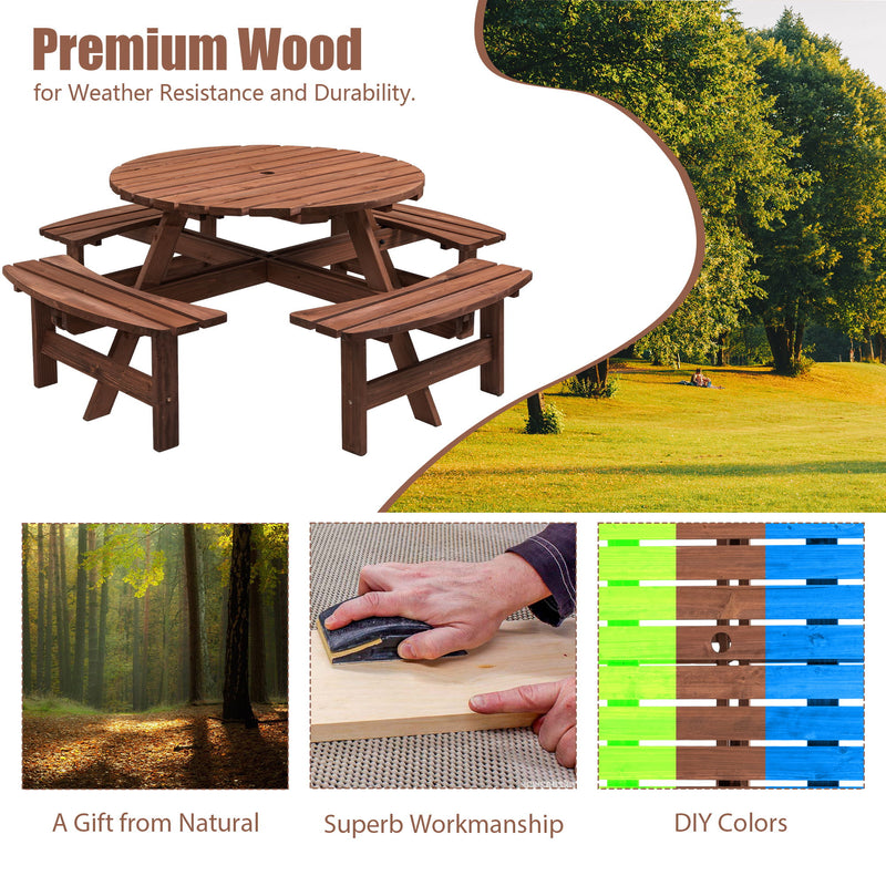 8 Person Wooden Picnic Table, Outdoor Camping Dining Table With Seat, Garden, Diy With 4 Built-In Benches, 2220Lb Capacity