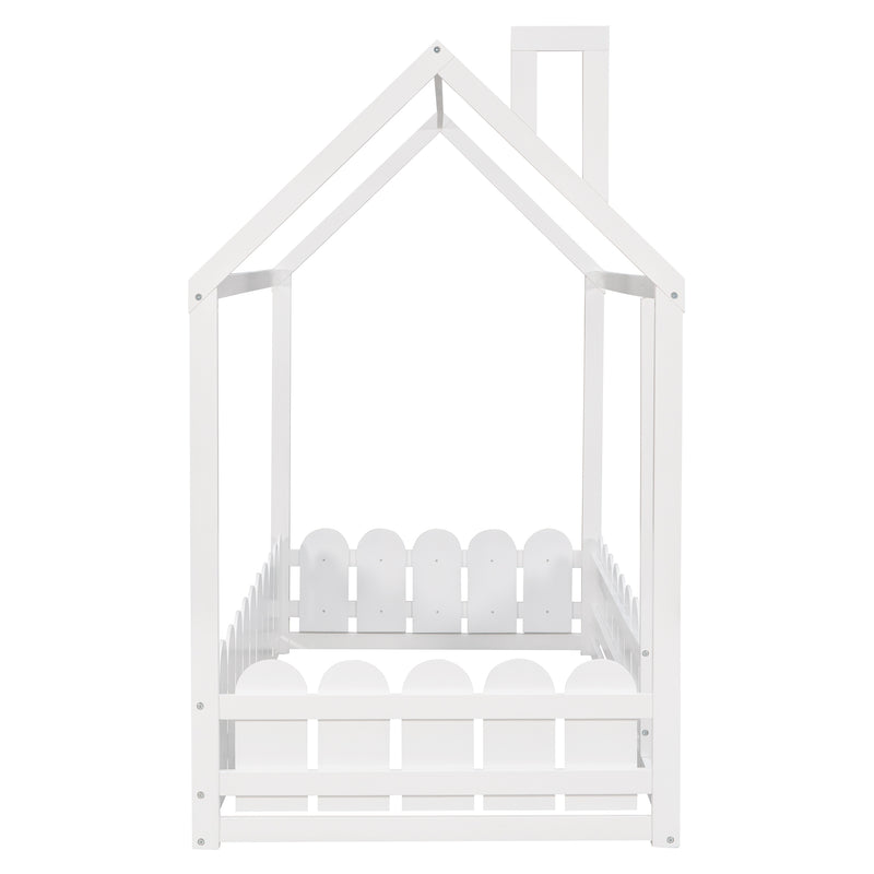 {Slats are not included}Twin Size Wood Bed House Bed Frame with Fence,for Kids,Teens, Girls,Boys {White}{OLD SKU:WF194274AAK}