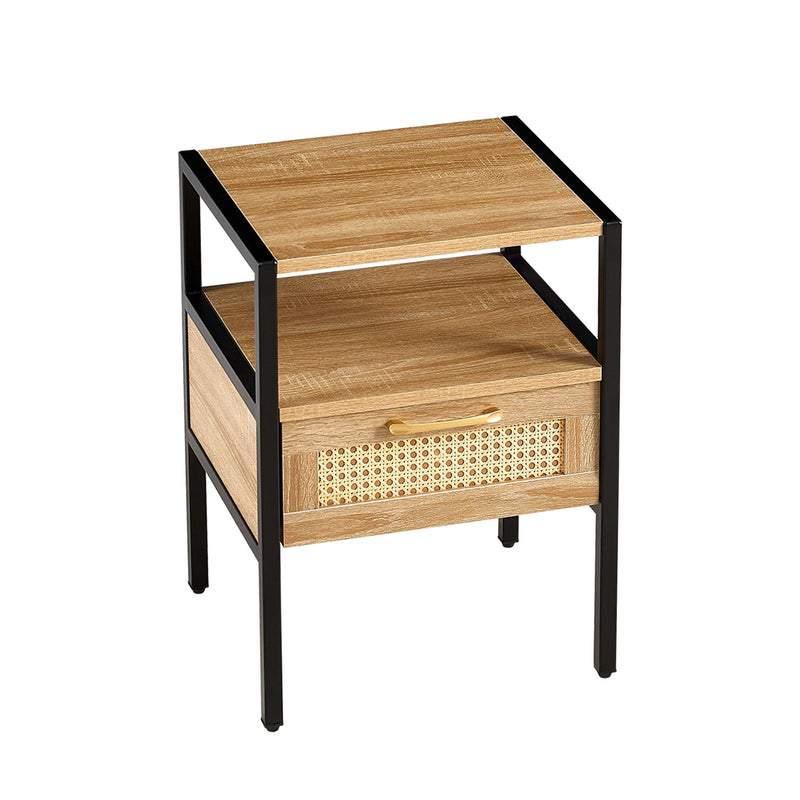 Rattan End Table With Drawer, Modern Nightstand, Metal Legs, Side Table For Living Room, Bedroom