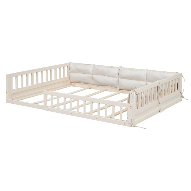 Wood Full Size Upholstered Platform Bed with Guardrail and Pillow, Beige