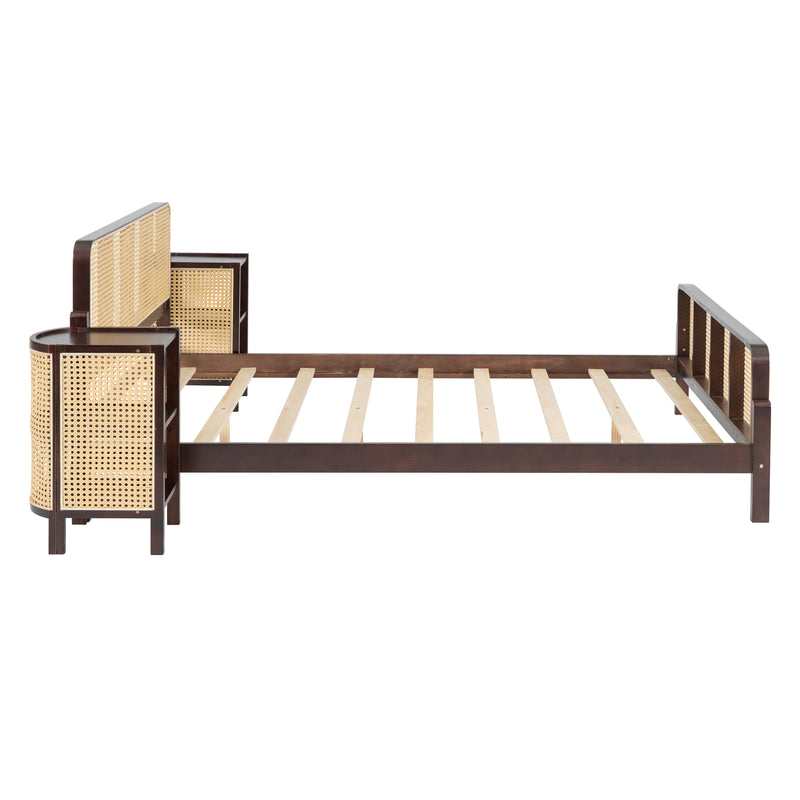 3 Pieces Rattan Platform Full Size Bed With 2 Nightstands,Walnut