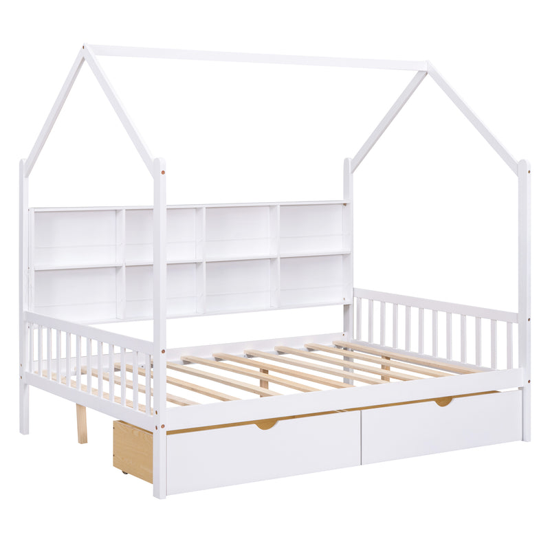 Wooden Full Size House Bed with 2 Drawers,Kids Bed with Storage Shelf, White(Expected Arrival Time: 5.15)