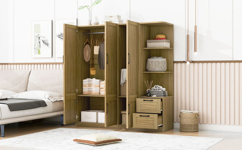 3 Door Storage Wardrobe For Dedroom With Shelves And 2 Drawers, Side Storage Shelves