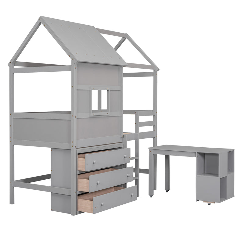 Twin Size House Loft Bed with Storage Desk and 3 Drawer Chest, Gray