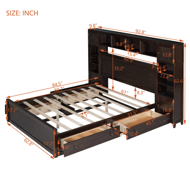 Queen Size Wooden Bed With All-in-One Cabinet, Shelf and Sockets, Espresso