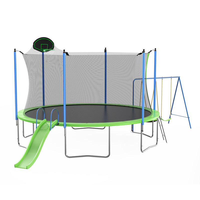 12Ft Trampoline With Slide And Swings, Astm Approved Large Recreational Trampoline With Basketball Hoop And Ladder, Outdoor Backyard Trampoline With Net, Capacity For Kids And Adults - Green / Blue