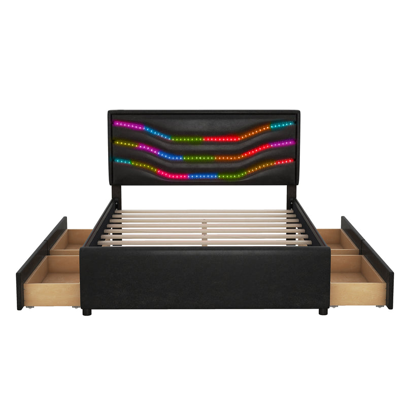 Queen Size Upholstered Storage Platform Bed with LED, 4 Drawers and USB Charging, Black