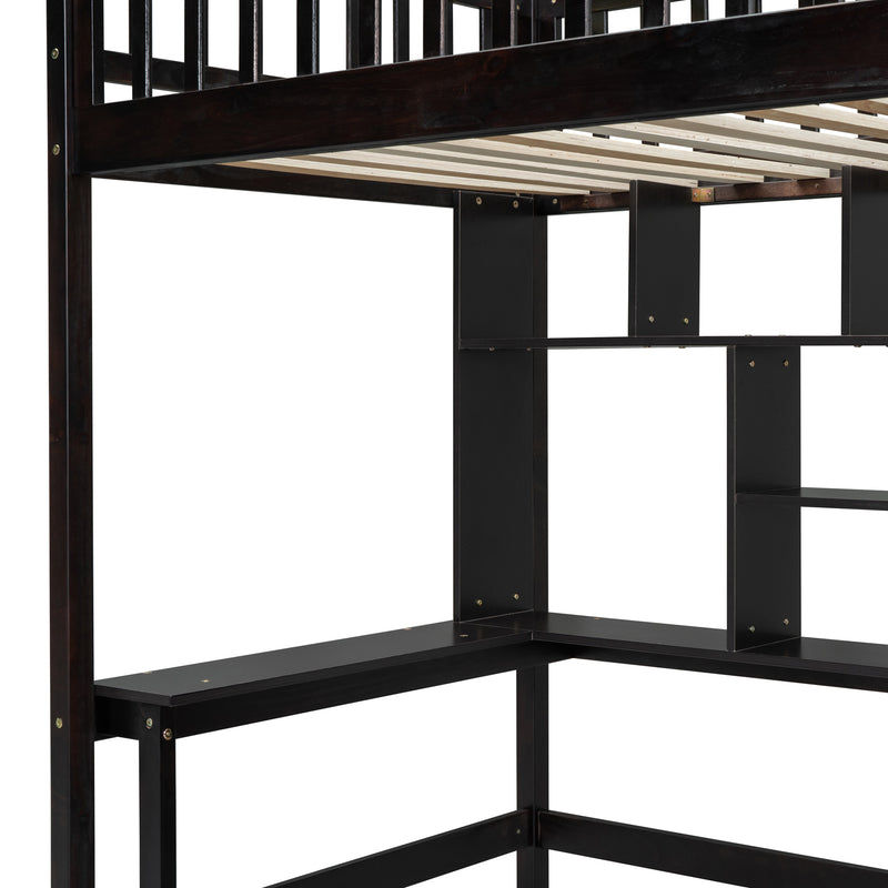 Twin size Loft Bed with Bookshelf,Drawers,Desk,and Wardrobe-Espresso