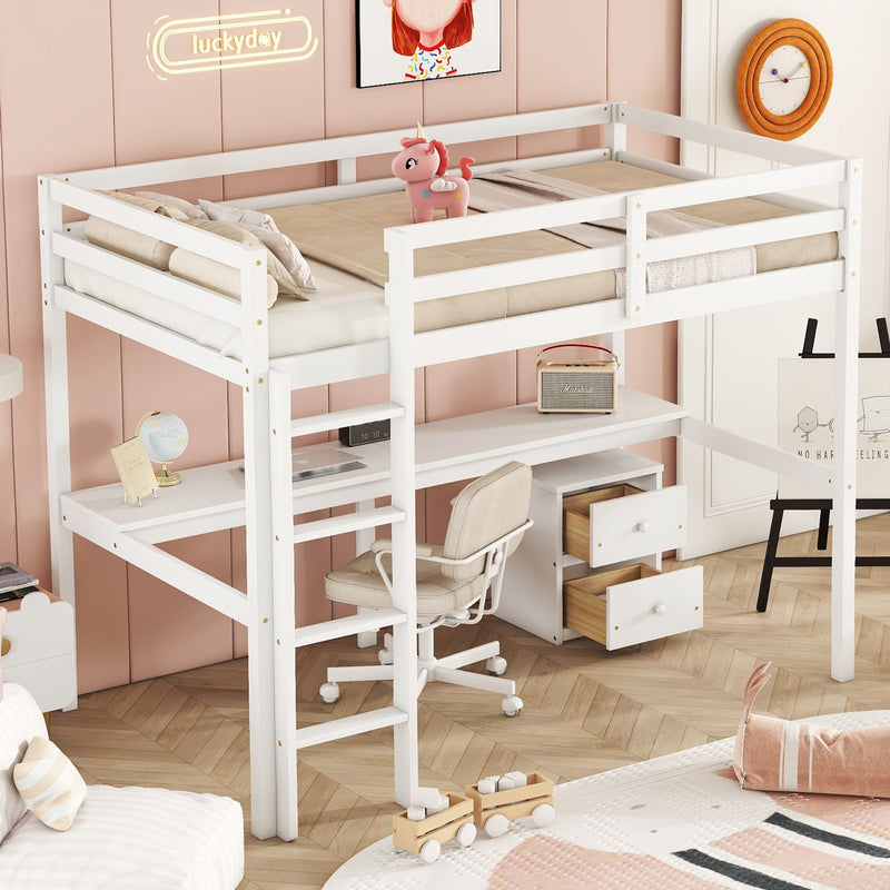 Loft Wood Bed With Under-Bed, Built-In Desk, A Storage Cabinet Of 2 Drawers, Guardrails, Ladder