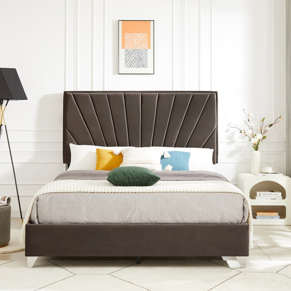 B108 Queen bed Beautiful line stripe cushion headboard , strong wooden slats + metal legs with Electroplate