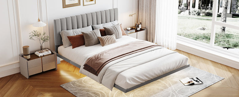 Queen Size Upholstered Bed with Sensor Light and Headboard, Floating Velvet Platform Bed, Gray