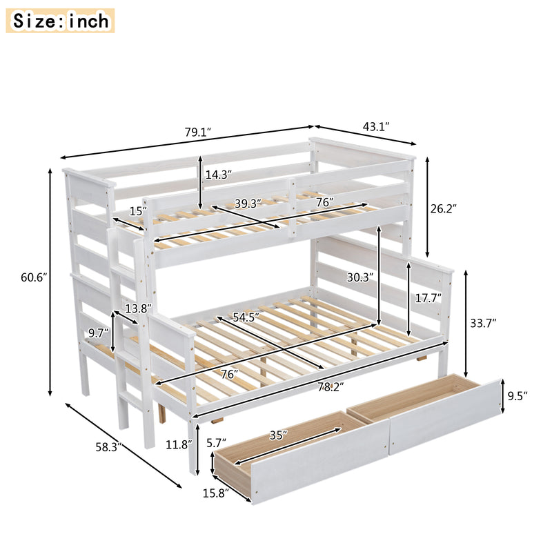 Wood Twin over Full Bunk Bed with 2 Drawers, White