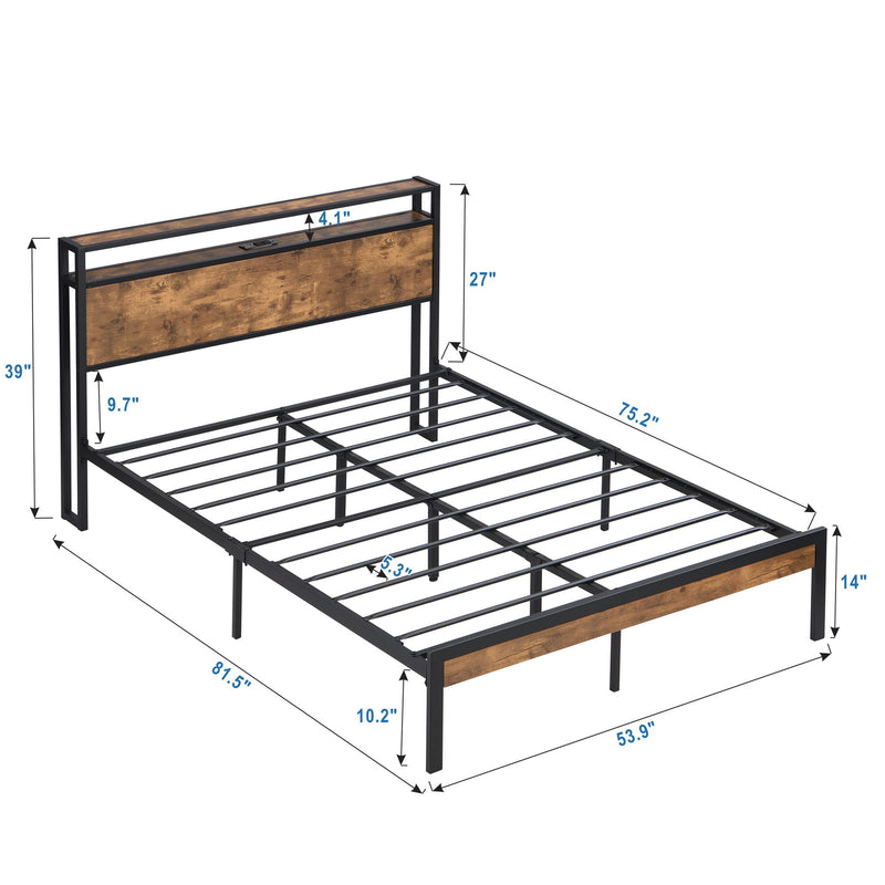 Metal Platform Bed Frame With Wooden Headboard And Footboard With USB Liner, No Box Spring Needed, Under Bed Storage