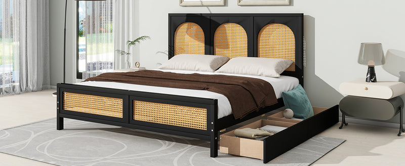 Queen Size Wood Storage Platform Bed with 2 Drawers, Rattan Headboard and Footboard, Black