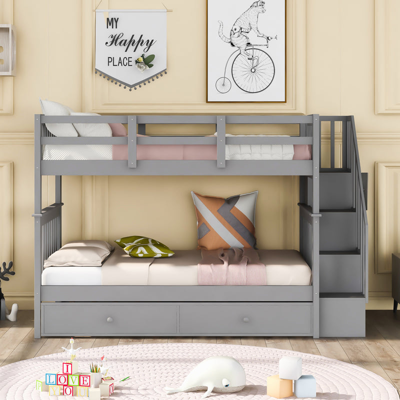 Stairway Twin-Over-Twin Bunk Bed with Twin size Trundle for Bedroom, Dorm, Adults, Gray( old sku: LP000209AAE )