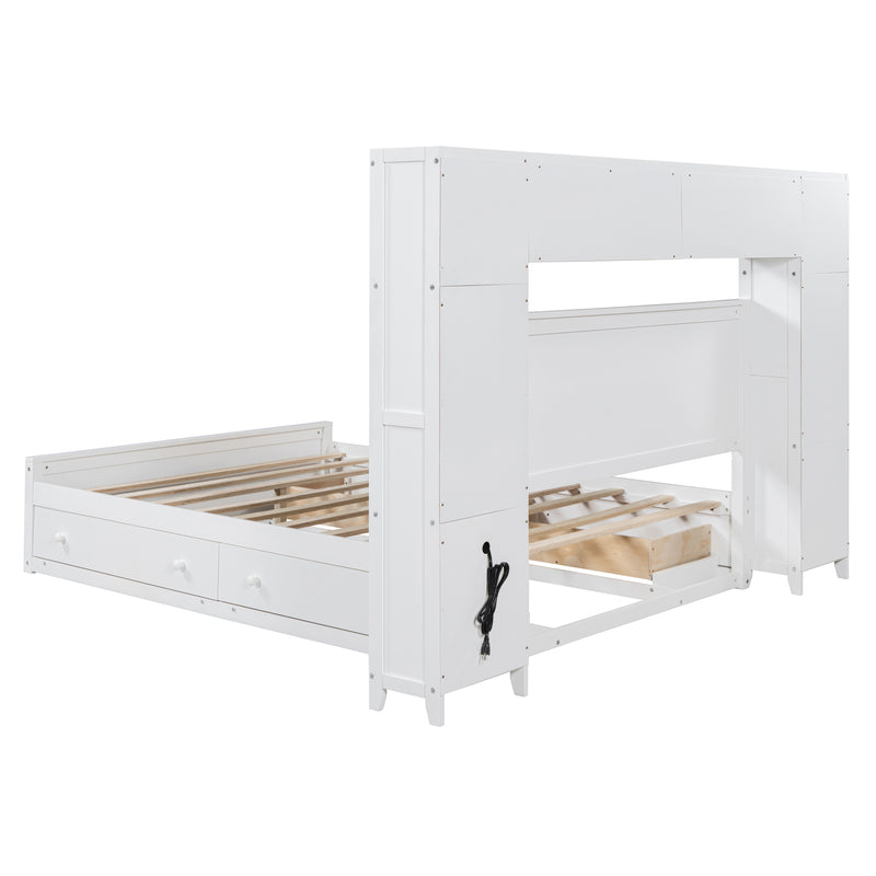 Queen Size Wooden Bed With All-in-One Cabinet, Shelf and Sockets, White