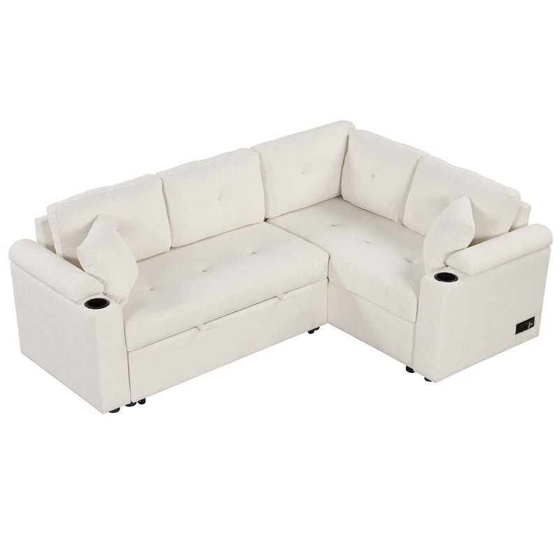 L-Shape Sofa Bed Pull-Out Sleeper Sofa With Wheels, USB Ports, Power Sockets For Living Room