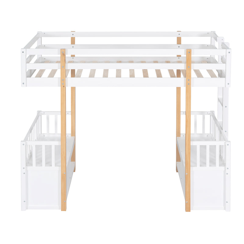 Wood Twin Size Loft Bed with 2 Seats and a Ladder, White