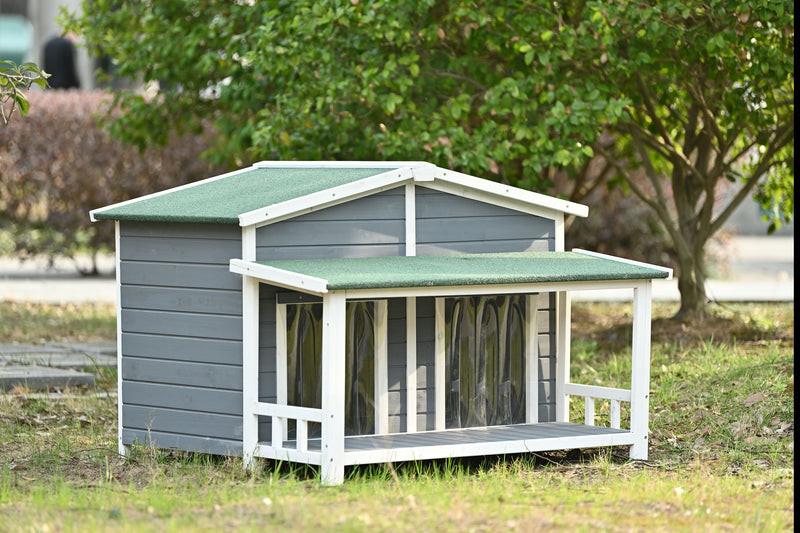 Large Wooden Dog House Outdoor / Indoor Dog Crate, Cabin Style, With Porch, 2 Doors