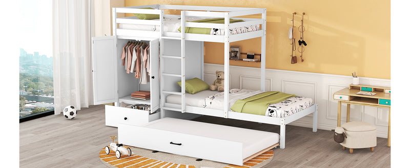 Twin-over-twin Bunk Bed with Wardrobe, Drawers and Shelves, White