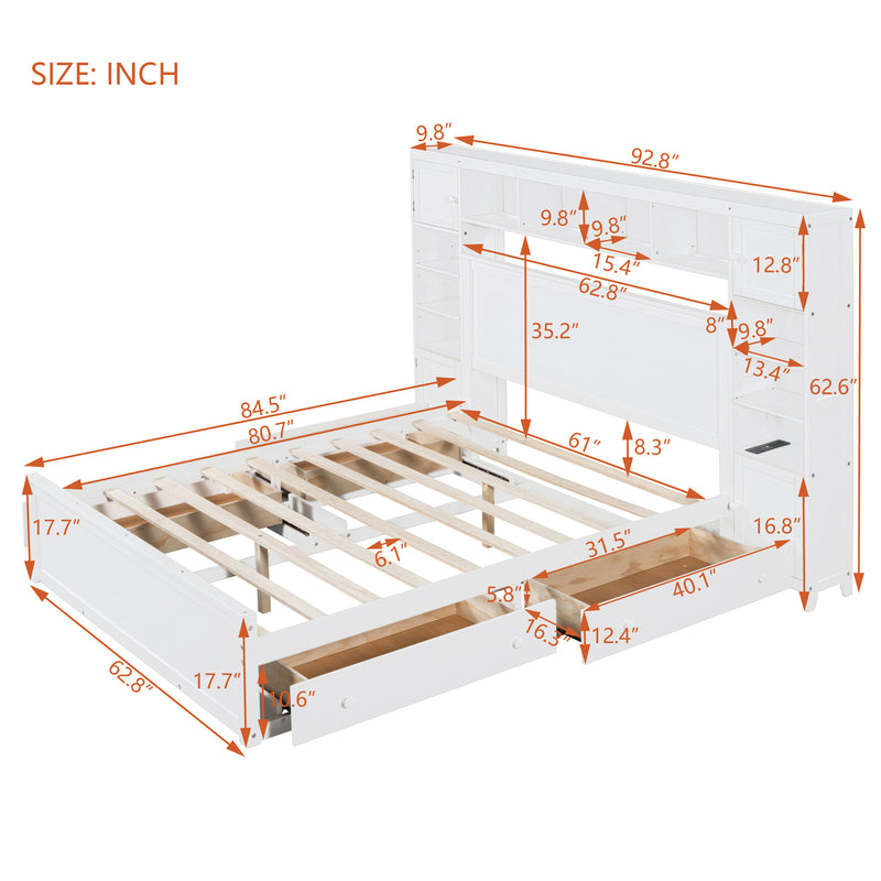 Queen Size Wooden Bed With All-in-One Cabinet, Shelf and Sockets, White