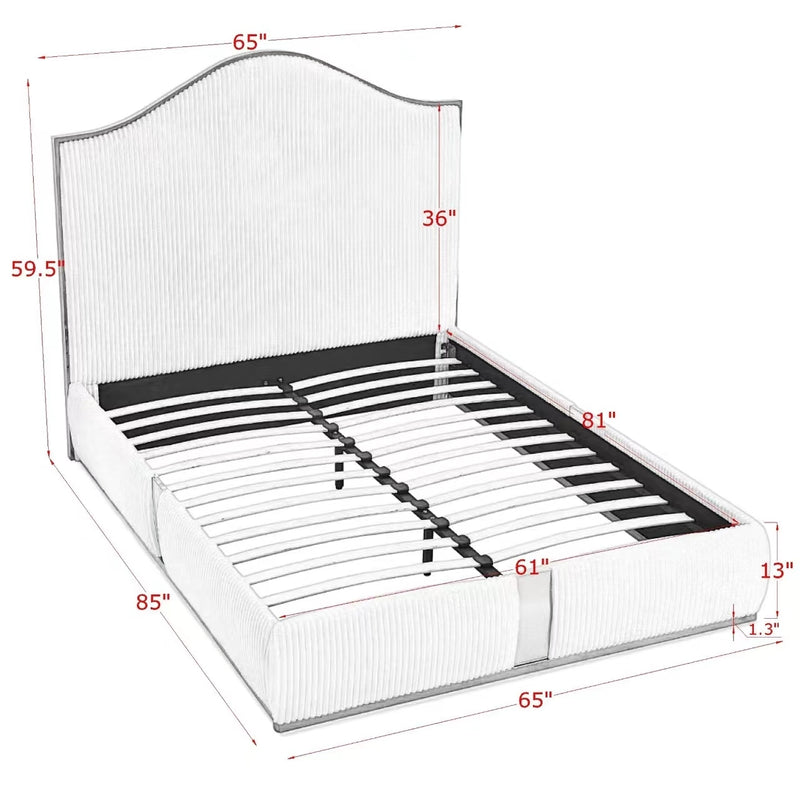 Corduroy Upholstered Bed Frame Queen Size 59.5" Tall  Headboard Queen Bed Frame Metal Decoration /No Box Spring Needed