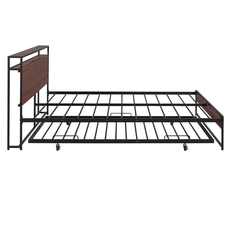 Queen Size Metal Platform Bed Frame with Trundle, USB Ports and Slat Support ,No Box Spring Needed Black