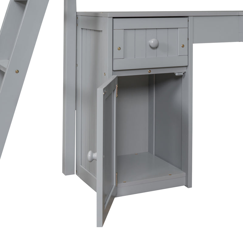 Twin size Loft Bed with Drawers, Cabinet, Shelves and Desk, Wooden Loft Bed with Desk - Gray(OLD SKU :LT000505AAE)