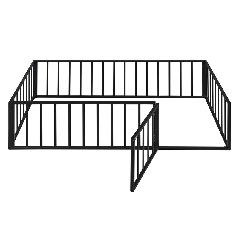 Metal Floor Bed Frame With Fence And Door - Black