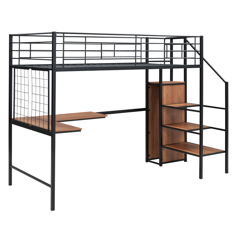 Twin Size Metal Loft Bed with Desk and Metal Grid, Stylish Metal Frame Bed with Lateral Storage Ladder and Wardrobe, Black