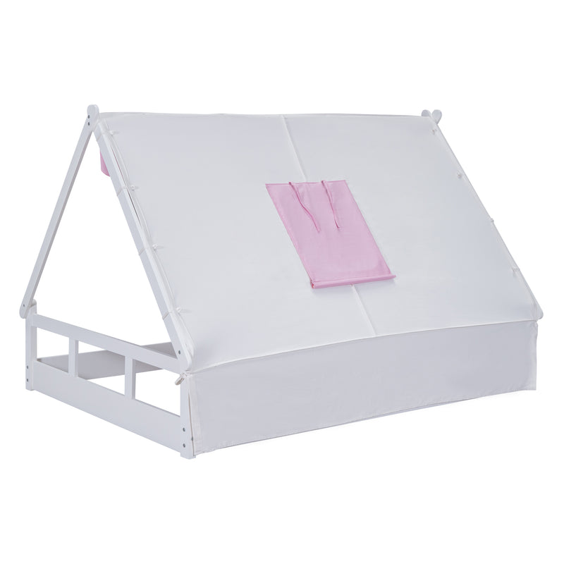 Wooden Full Size Tent Bed with Fabric for Kids,Platform Bed with Fence and Roof, White+Pink