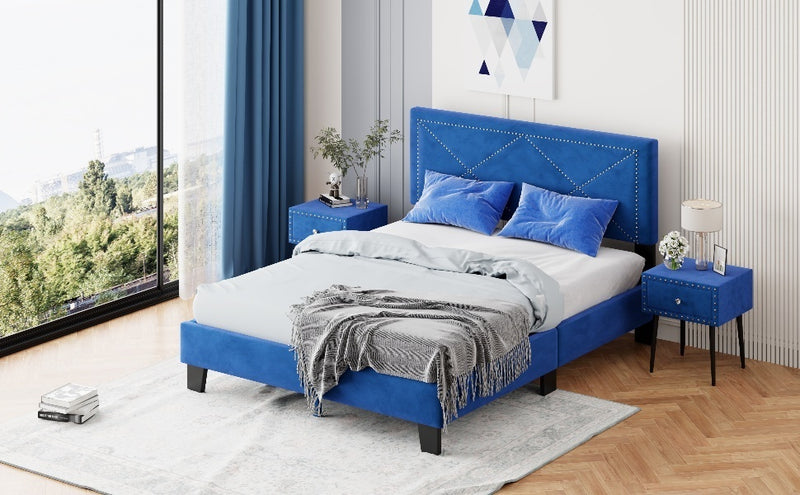 Simple Queen Size Upholstered Bed Frame with Rivet Design, Modern Velvet Platform Bed with headboard, Blue