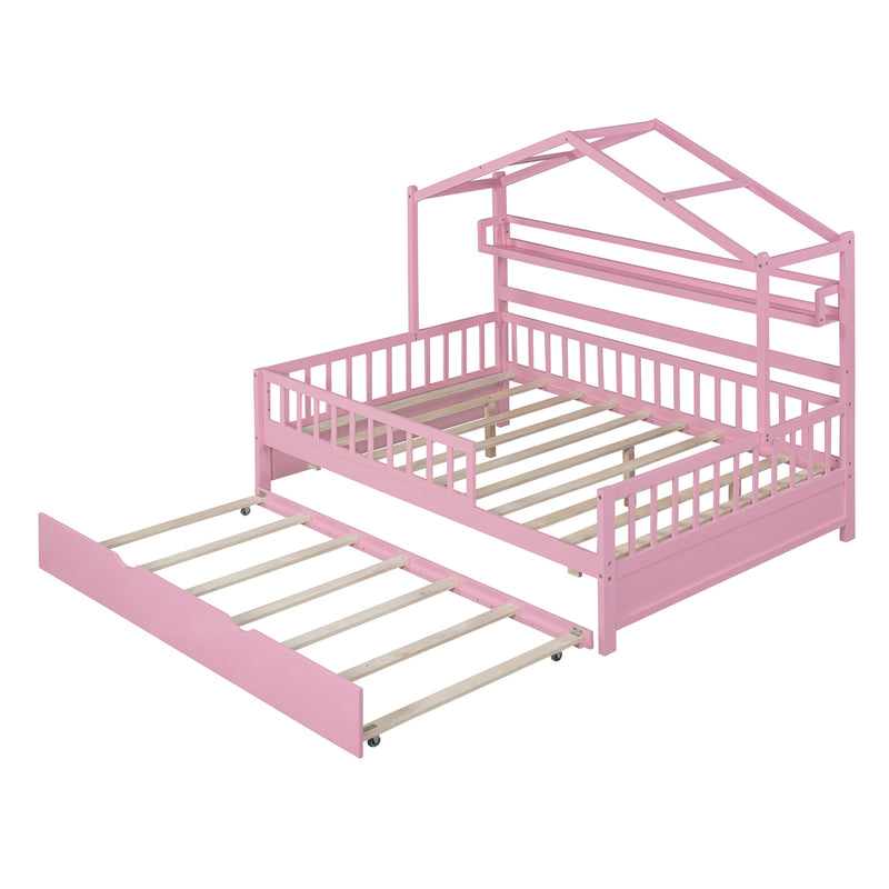 Wooden Full Size House Bed with Twin Size Trundle,Kids Bed with Shelf, Pink