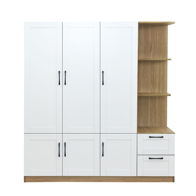 3 Door Storage Wardrobe For Dedroom With Shelves And 2 Drawers, Side Storage Shelves