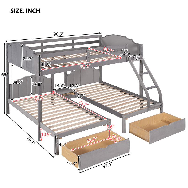 Full Over Twin & Twin Bunk Bed, Velvet Triple Bunk Bed With Drawers And Guardrails - Gray