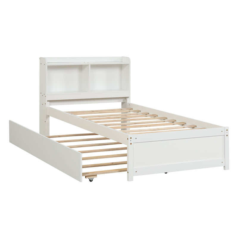 Twin Bed with Trundle,Bookcase,White