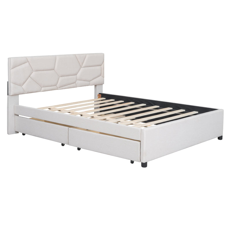 Queen Size Upholstered Platform Bed with Brick Pattern Headboard, with Twin XL Size Trundle and 2 drawers, Linen Fabric, Beige